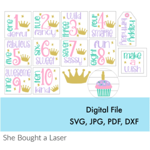 Birthday Tiara Cupcake Wood Shiplap Mini Sign and Tag Tiered Tray Kit Digital Cut File Laser Wood Cutting svg pdf jpg dxf